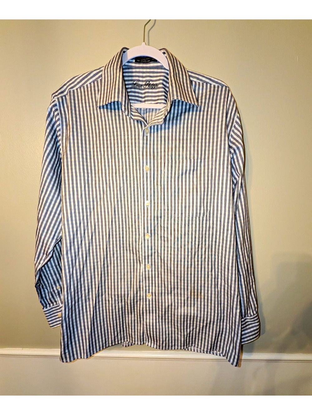 Louis Philippe Dress Shirt 42 34/35 Blue White Stripe Cotton Wrinkle Resistant